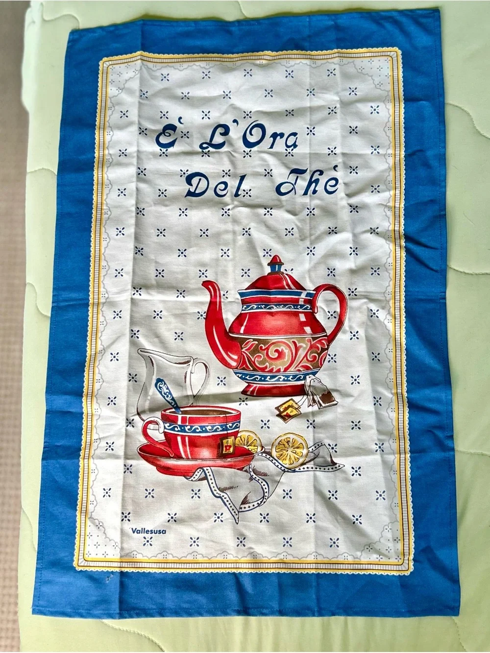 Vallesusa Tea Time Towel Tapestry Red + Blue Teapot + Cup with Saucer and Lemon